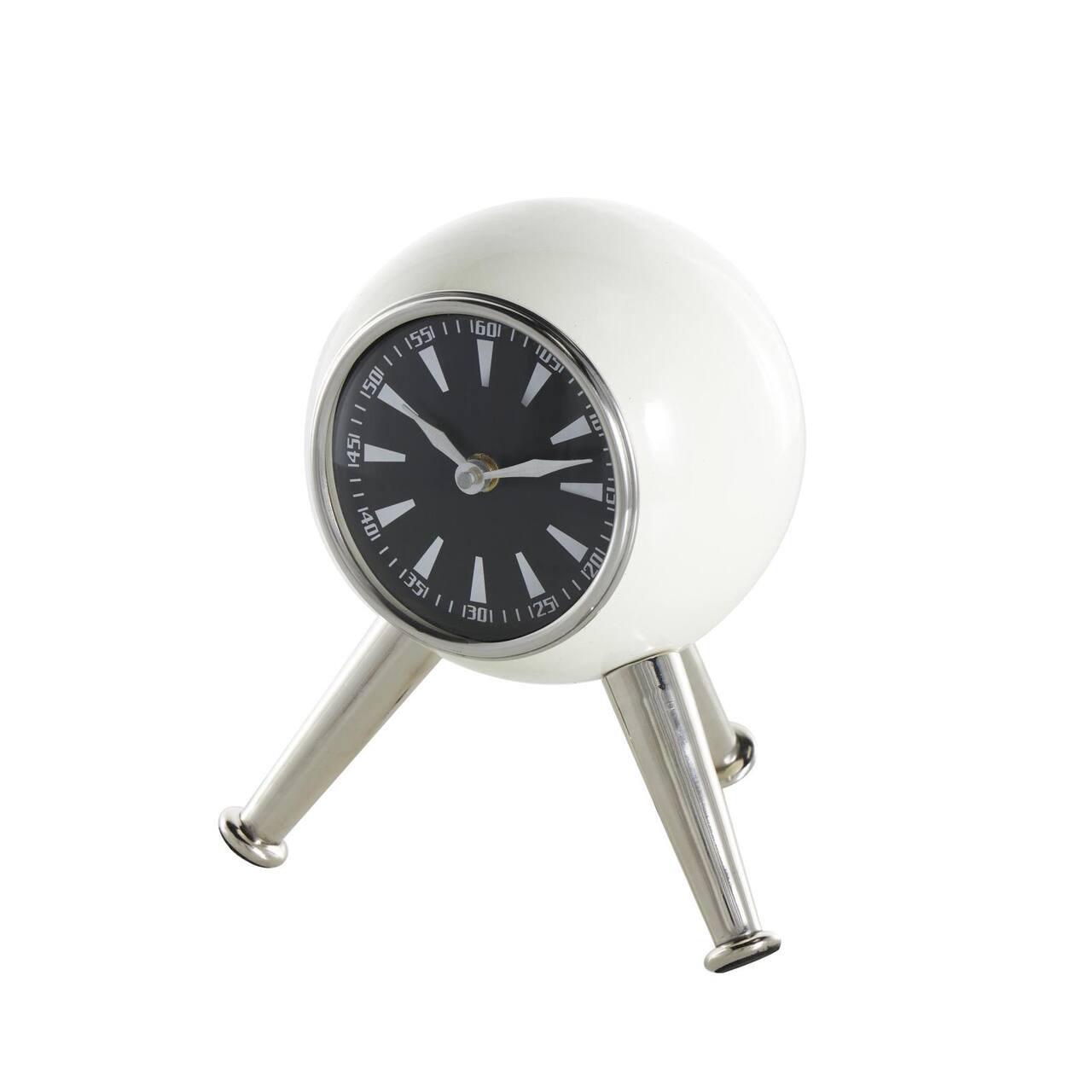 8.5" Silver Orb Metal Clock with Black Clockface & Silver Tripod Legs